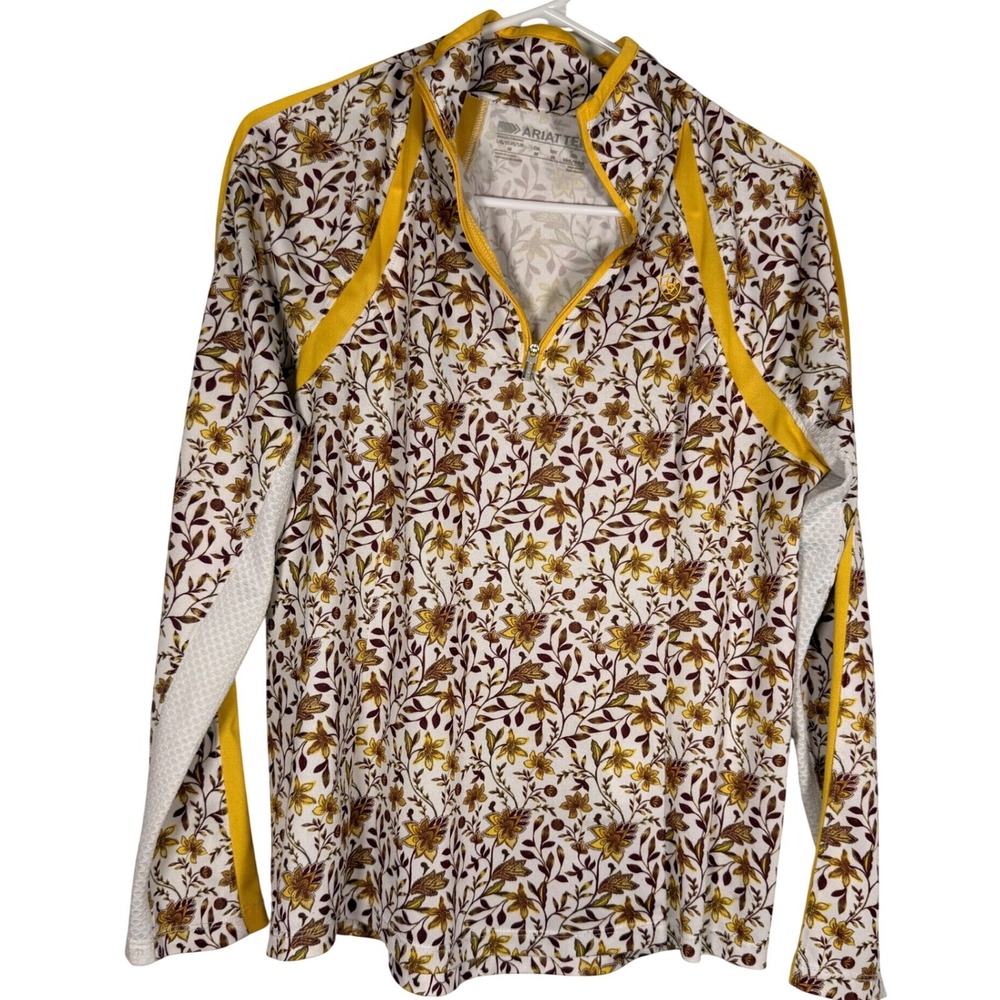 Ariat Women Floral AriatTEK Quarter Zip Sun Shirt Yellow Brown Size Medium